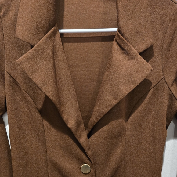Women's Brown Long Blazer Coat - Classic Button Front - Picture 3 of 4